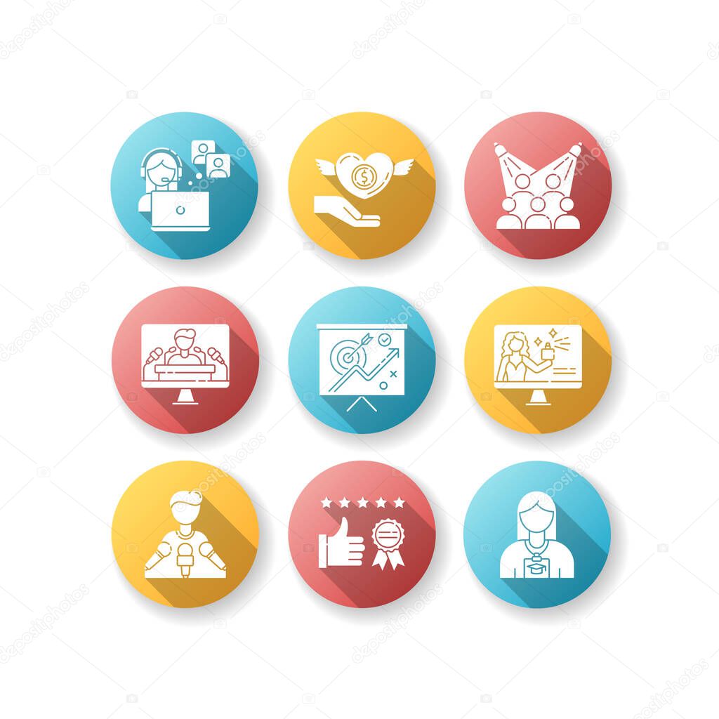 Promotion flat design long shadow glyph icons set. Publicist worker. Donation to charity foundation. Target audience. Press conference. Marketing strategy. Silhouette RGB color illustration