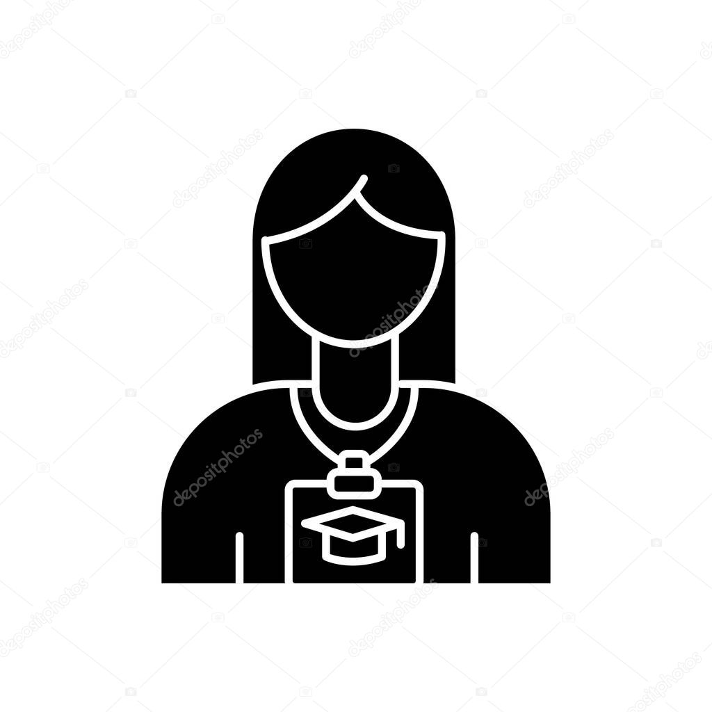 Intern black glyph icon. Corporate training for trainee. Instruction in company. University practice in organization. Silhouette symbol on white space. Vector isolated illustration