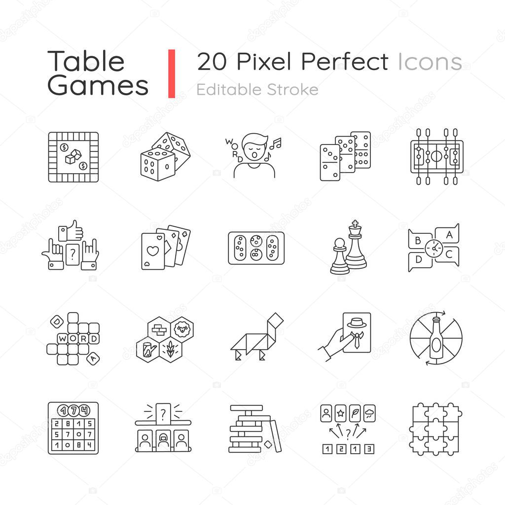 Table games pixel perfect linear icons set. Traditional fun time, party night activities customizable thin line contour symbols. Isolated vector outline illustrations. Editable stroke