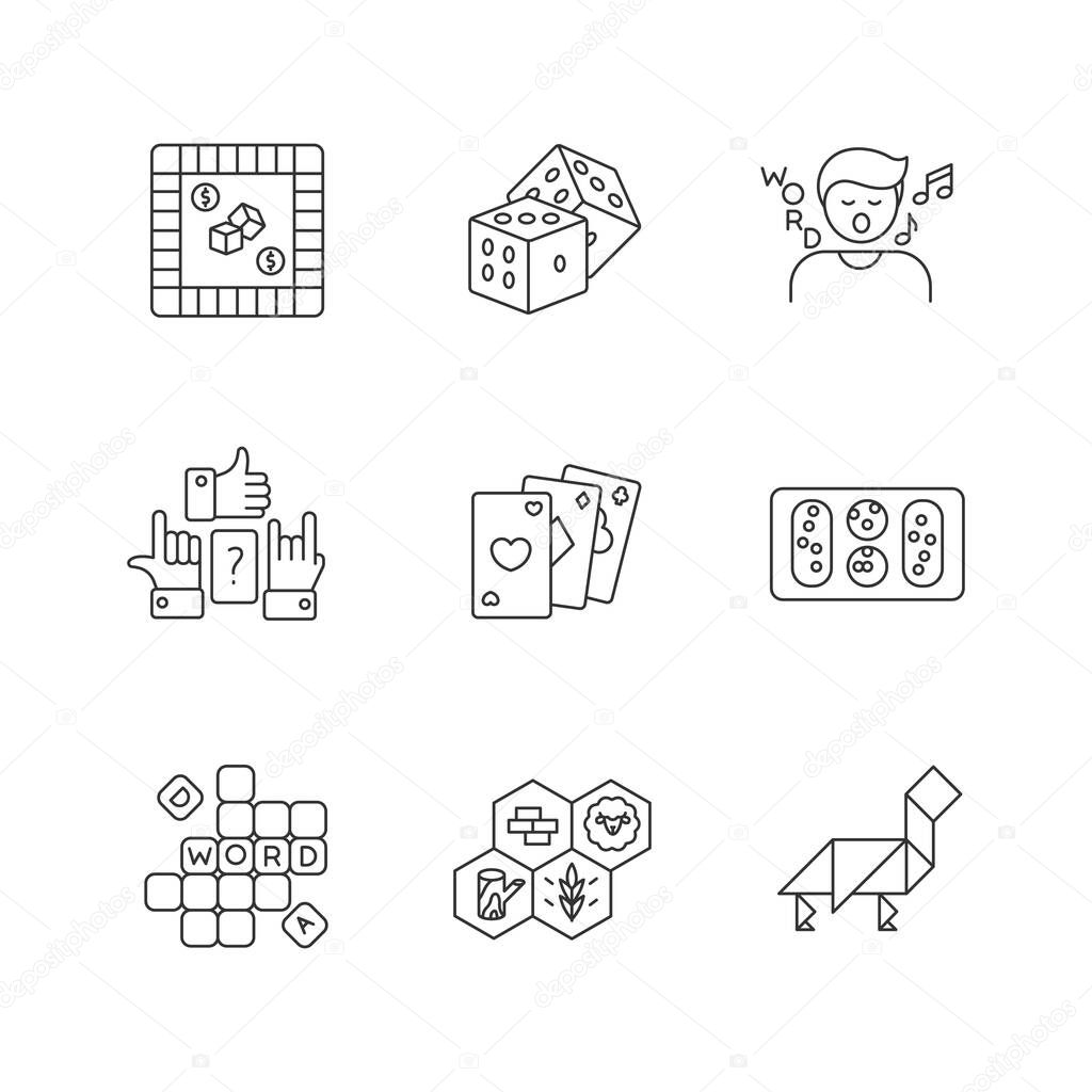 Entertaining games pixel perfect linear icons set. Traditional fun activities, different board games customizable thin line contour symbols. Isolated vector outline illustrations. Editable stroke