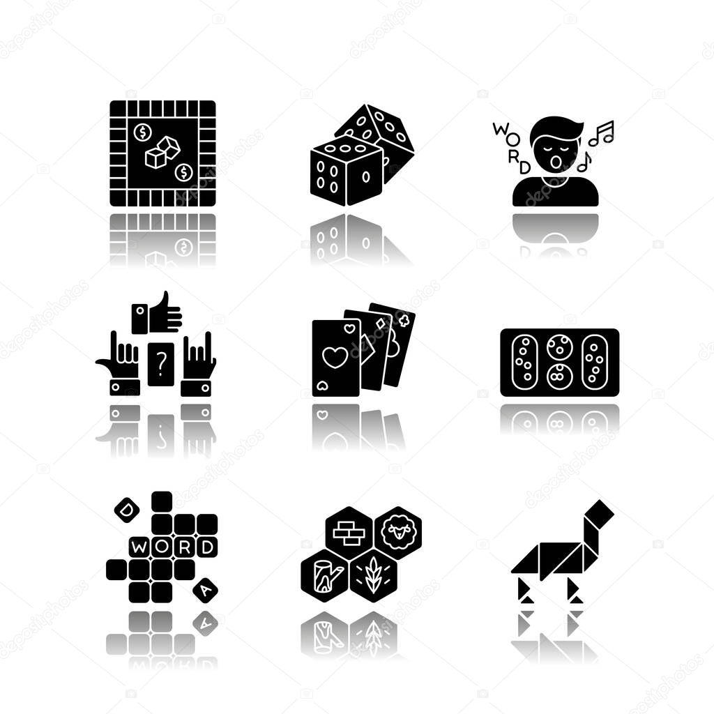 Entertaining games drop shadow black glyph icons set. Traditional fun activities for family recreation and friendly parties. Different board games. Isolated vector illustrations on white space