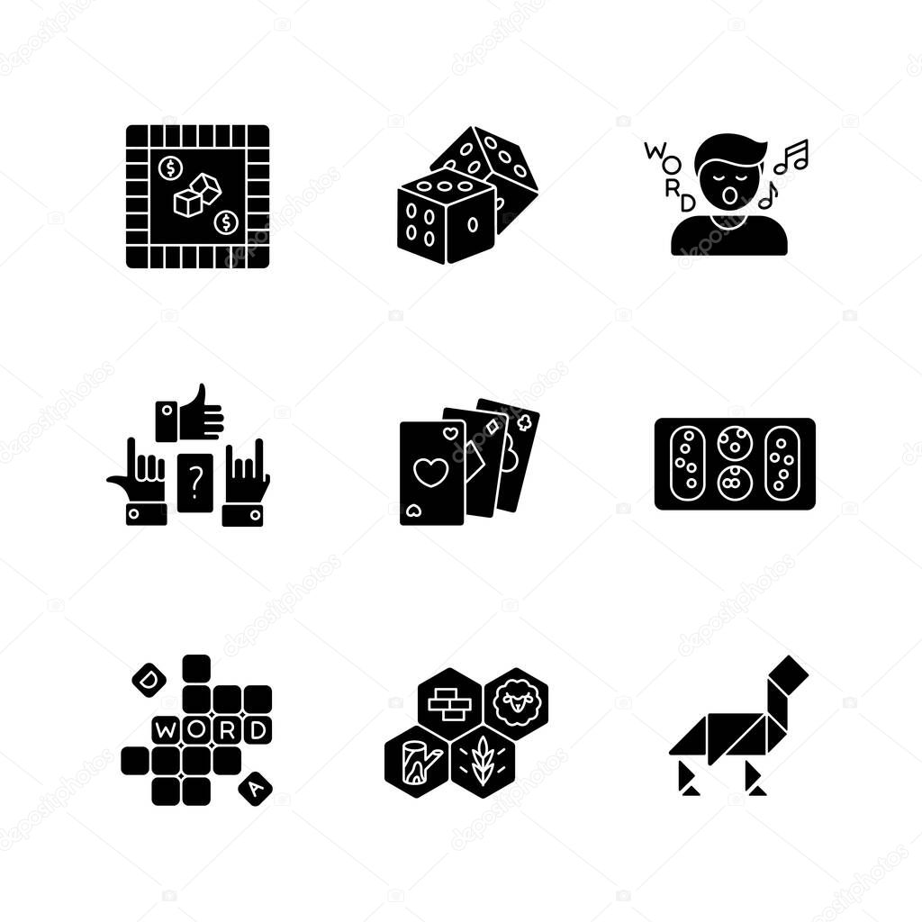 Entertaining games black glyph icons set on white space. Traditional fun activities for family recreation and friendly parties. Different board games silhouette symbols. Vector isolated illustrations