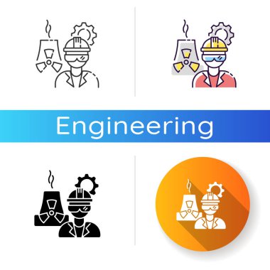 Nükleer mühendis ikonu. Endüstriyel fabrikanın ağır üretimi. İçki imalathanesi çalışanı. Petrokimya uzmanı. Kimya işçisi. Doğrusal siyah ve RGB renk biçimleri.