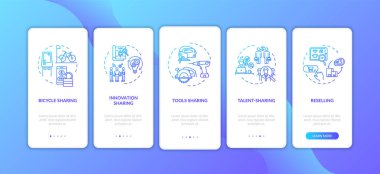 Uygulamalı mobil uygulama sayfası ekranında konseptlerle paylaşılan kişi. Emlak paylaşımı ve kiralama hizmetleri beş aşamalı grafik talimatları gözden geçirir. RGB renk resimleriyle UI şablonu
