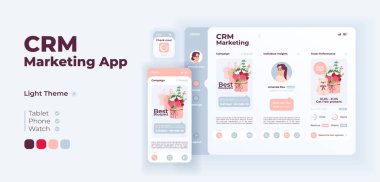CRM pazarlama uygulaması ekran vektör adaptasyon tasarım şablonu. Düz karakterlerle tanıtım uygulaması günlük arayüzü. Müdahaleyi artırın. Akıllı telefon, tablet, akıllı saat çizgi filmi UI