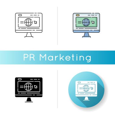 Şirket web sitesi simgesi. Şirket web sayfasına göz atın. Sosyal medya stratejisi. Bloggin ve seo. Sitenin optimizasyonu ve tanıtım hizmeti. Lineer siyah ve RGB renk stilleri. İzole vektör çizimleri