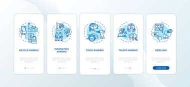 Uygulamalı mobil uygulama sayfası ekranında konseptlerle paylaşılan kişi. Modern P2P kiralama hizmetleri beş aşamalı grafik talimatları inceliyor. RGB renk resimleriyle UI vektör şablonu