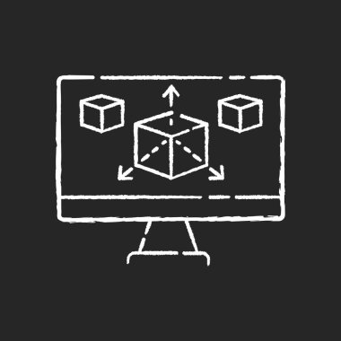 Siyah arkaplanda beyaz tebeşir simgesi modelleme. Grafik tasarım projesi için üç boyutlu prototip. Geometri sunumu için bilgisayar programında küp. İzole edilmiş vektör karatahta çizimi