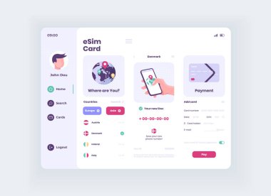 Esim bağlantı tableti arayüz vektör şablonu. Mobil uygulama sayfası gündüz modu tasarım düzeni. Kablosuz ağ hizmetleri ekranı. Başvuru için düz UI. Operatör servisi. Taşınabilir aygıt görüntüsü
