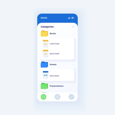 Akıllı telefon arayüz vektör şablonu için dizin kataloğu. Mobil uygulama beyaz tasarım düzeni. Belge yöneticisi ekranı. Başvuru için düz UI. İş için veri depolama. Telefon görüntüsü