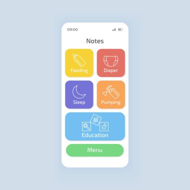 Bebek akıllı telefon arayüzü vektör şablonu. Mobil uygulama beyaz tema tasarımı düzeni. Newborn bebek bezi değişimi, beslenme zamanı başvuru ekranı. Başvuru için düz UI. Telefon görüntüsü