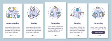 Şirket yönetimi mobil uygulama sayfası ekranında kavramlarla birlikte. Meslektaşın için rehberlik. Çalışanların 5 aşamalı grafik talimatlara bakmasını sağlayın. RGB renk resimleriyle UI vektör şablonu