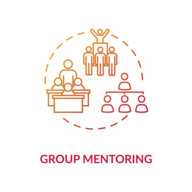 Grup danışmanlığı konsepti ikonu. Ortak akıl hocalığı modeli. Eğitim seminerleri, konferanslar ve okul programları ince çizgiler çiziyor. Vektör izole edilmiş RGB renk çizimi