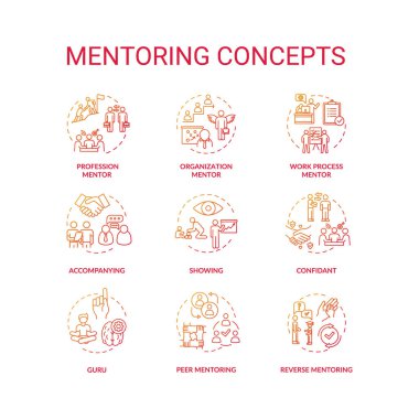 Mentoring concept icons set. Personal and professional growth idea thin line RGB color illustrations. Skills development help, knowledge sharing. Vector isolated outline drawings clipart