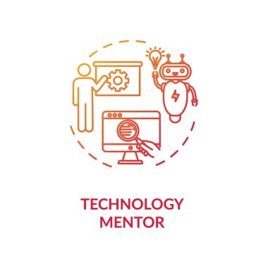 Teknoloji danışmanı konsepti ikonu. Modern bilgisayar teknolojileri eğitimi ince çizgi çizimi fikri. E-danışmanlık, çevrimiçi eğitim kursları. Vektör izole edilmiş RGB renk çizimi