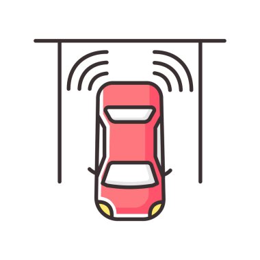 Park sensörleri RGB renk simgesi. Akıllı sürücü yardımı, otomotiv teknolojisi, sürüş güvenliği. Yakınlık sensörlü modern otomobil izole edilmiş vektör çizimi