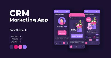 Online promotion cartoon smartphone interface templates set. Mobile app screen page night mode design. Marketing service. CRM UI for application. Phone display with flat character