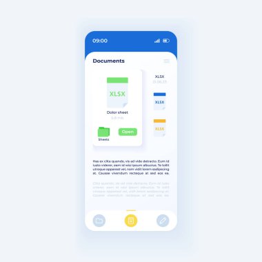 Belge katalogu akıllı telefon arayüz şablonu. Mobil uygulama beyaz tasarım düzeni. Dosya yöneticisi ekranı. Başvuru için düz UI. Sayfa halinde. Taşınabilir veri tabanı. Telefon görüntüsü