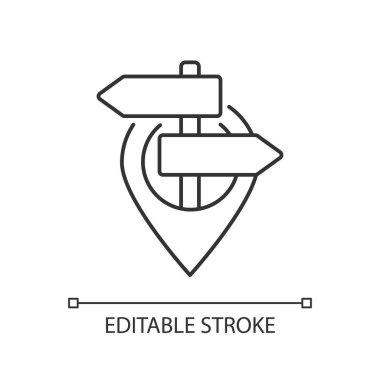 GPS işaretleyici piksel mükemmel doğrusal simge. Küresel navigasyon sistemi ince çizgi özelleştirilebilir illüstrasyon. Contour sembolü. Postalanmış taslak çizimi olan bir coğrafi etiket. Düzenlenebilir vuruş