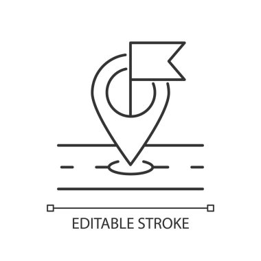 Hedef işaretleyici piksel mükemmel doğrusal simge. Küresel konumlandırma ve izleme sistemi, seyrüsefer ince çizgi özelleştirilebilir illüstrasyon. Contour sembolü. izole çizimler. Düzenlenebilir vuruş