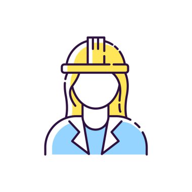 Kadın mühendis RGB renk simgesi. Şapkalı kadın mimar. Kasklı profesyonel bir inşaatçı. İnşaat alanında çalışacak uzman müteahhit. İşçi güvenliği. İzole illüstrasyon