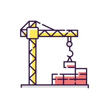 İnşaat alanı RGB renk simgesi. İnşaat ve beton kaldırma için vinç. Apartman kulesinin şehir inşaatında çalışan biri. Emlak inşa etmek için makineler. İzole İlüstrasyon