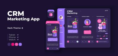 Çevrimiçi pazarlama hizmeti uygulaması ekran adaptif tasarım şablonu. Nişan analizi. Düz karakterlerle CRM uygulama gece modu arayüzü. Akıllı telefon, tablet, akıllı saat çizgi filmi UI