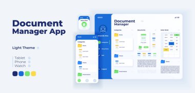 Dosya yönetimi uygulaması ekran adaptif tasarım şablonu. İş rehberi. Düz karakterlerle belge yöneticisi uygulama günü modu arayüzü. Akıllı telefon, tablet, akıllı saat çizgi filmi UI