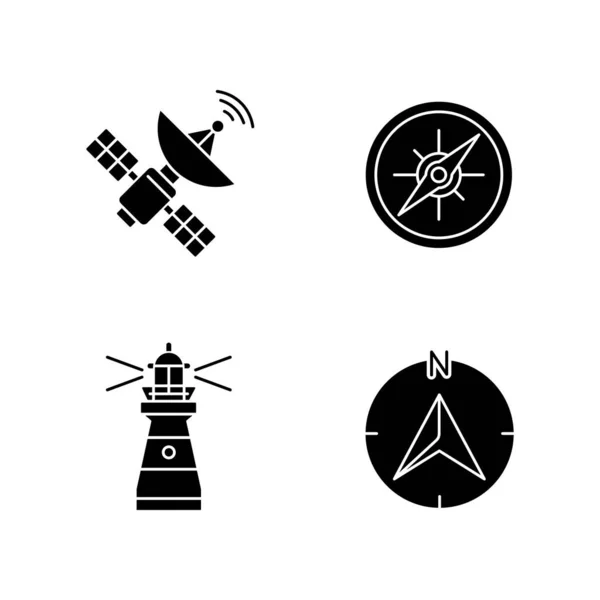 空白文字に設定された黒いグリフアイコンをナビゲートします 海のナビゲーションとラジオ位置のシルエットのシンボル 宇宙衛星 海洋コンパス ナビゲーター矢印 — ストック写真