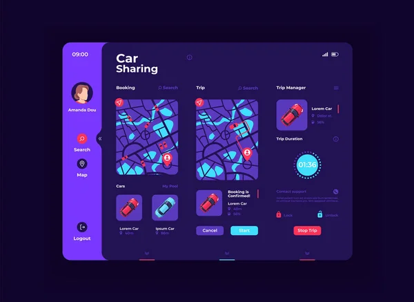 Carsharing Tablet Schnittstelle Vorlage Mobil App Seite Nacht Modus Design — Stockfoto