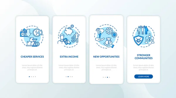 Pros sharing economy onboarding mobile app page screen with concepts. Peer to peer economy advantages walkthrough four steps graphic instructions. UI template with RGB color illustrations