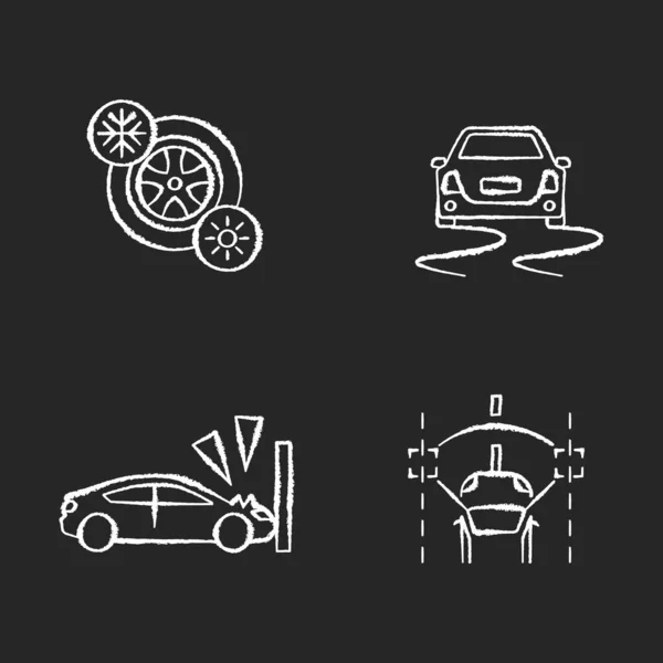 Car security measures chalk white icons set on black background. Driver assistance. Seasonal tyres, crash test, stability control and lane keeping systems. Isolated vector chalkboard illustrations