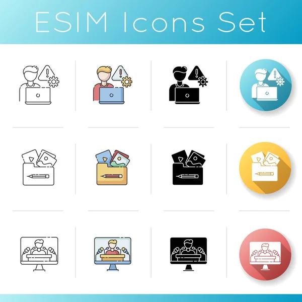 Management icons set. Crisis management. Portfolio with image and photo. Press conference. PR campaign. Corporate employee. Linear, black and RGB color styles. Isolated vector illustrations