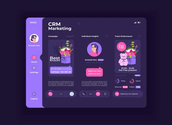 Audience loyalty increase tablet interface vector template. Mobile app page night mode design layout. CRM service screen. Flat UI for application. Online marketing campaign. Portable device display