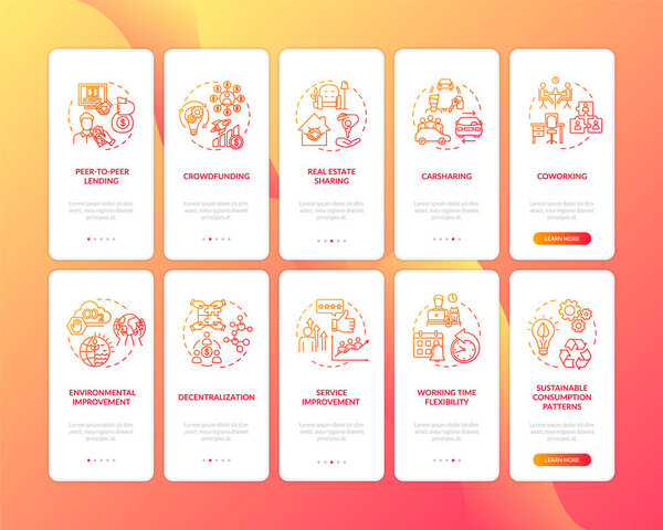 Collaborative economy onboarding mobile app page screen with concepts set. Modern services sharing model walkthrough five steps graphic instructions. UI vector template with RGB color illustrations