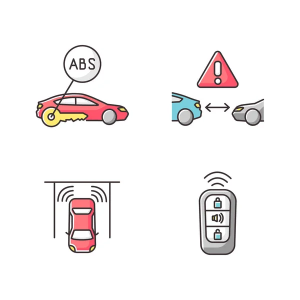 Smart driving safety systems RGB color icons set. Driver assistance. Anti lock system, cruise control, parking sensor, keyless entry. Isolated vector illustrations