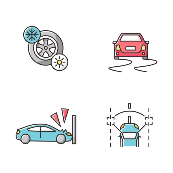 Car security measures RGB color icons set. Driver assistance. Seasonal tyres, crash test, stability control and lane keeping systems. Isolated vector illustrations