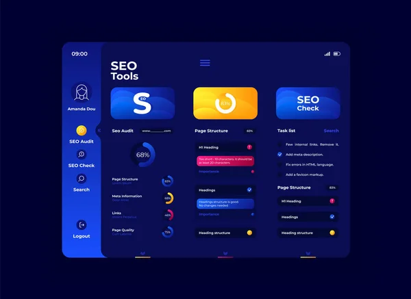 Plantilla Interfaz Tableta Seo Tools Diseño Diseño Modo Noche Página — Foto de Stock