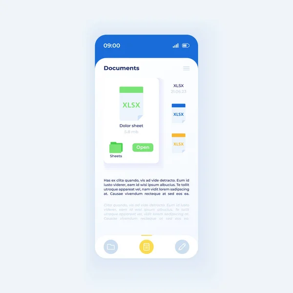 Document catalog smartphone interface template. Mobile app page white design layout. File manager screen. Flat UI for application. Page in folder. Portable database. Phone display