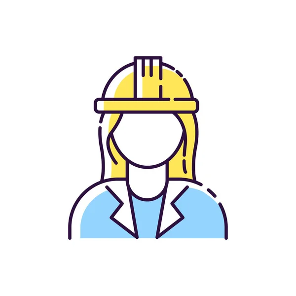 Female engineer RGB color icon. Woman architect in hardhat. Professional constructor in safe helmet. Specialist contractor to work on building site. Labor safety. Isolated illustration