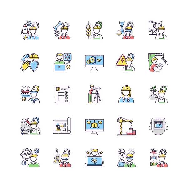 Civil engineering RGB color icons set. Professional female architect. Male builder to work on construction site. Heavy manufacturing production specialist. Isolated  illustrations