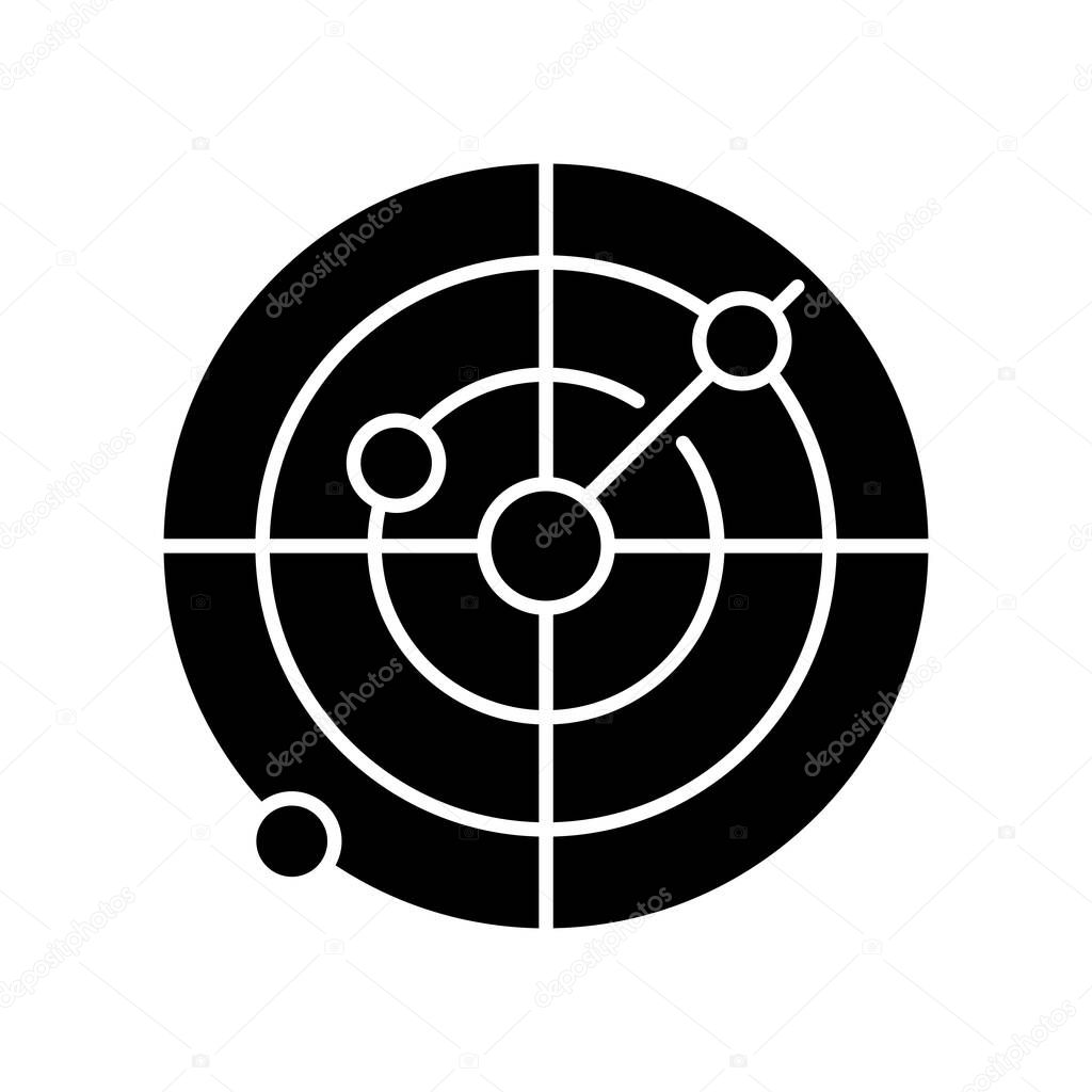 Sonar black glyph icon. Radio wave scanning, obstacle detection technology for nautical vessels. Maritime navigation silhouette symbol on white space. Navigational radar isolated illustration