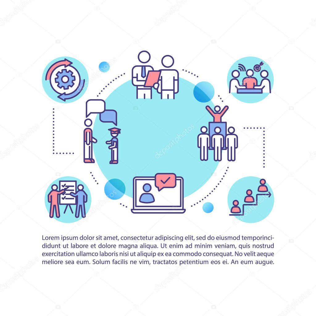 E learning concept icon with text. Internet course for education PPT page template. Internship program. Brochure, magazine, booklet design element with linear illustrations