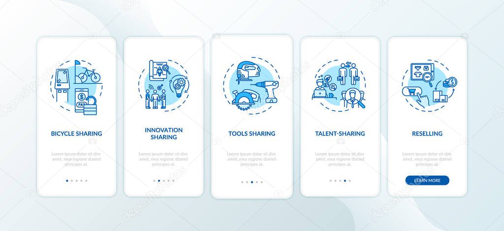 Peer to peer lending onboarding mobile app page screen with concepts. Modern P2P rental services walkthrough five steps graphic instructions. UI vector template with RGB color illustrations