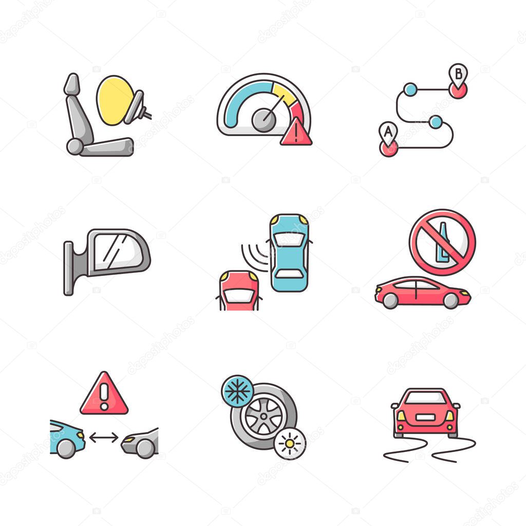 Safe driving RGB color icons set. Car travel risks warning, driver precautions. Traffic regulations and security measures on roads. Isolated vector illustrations