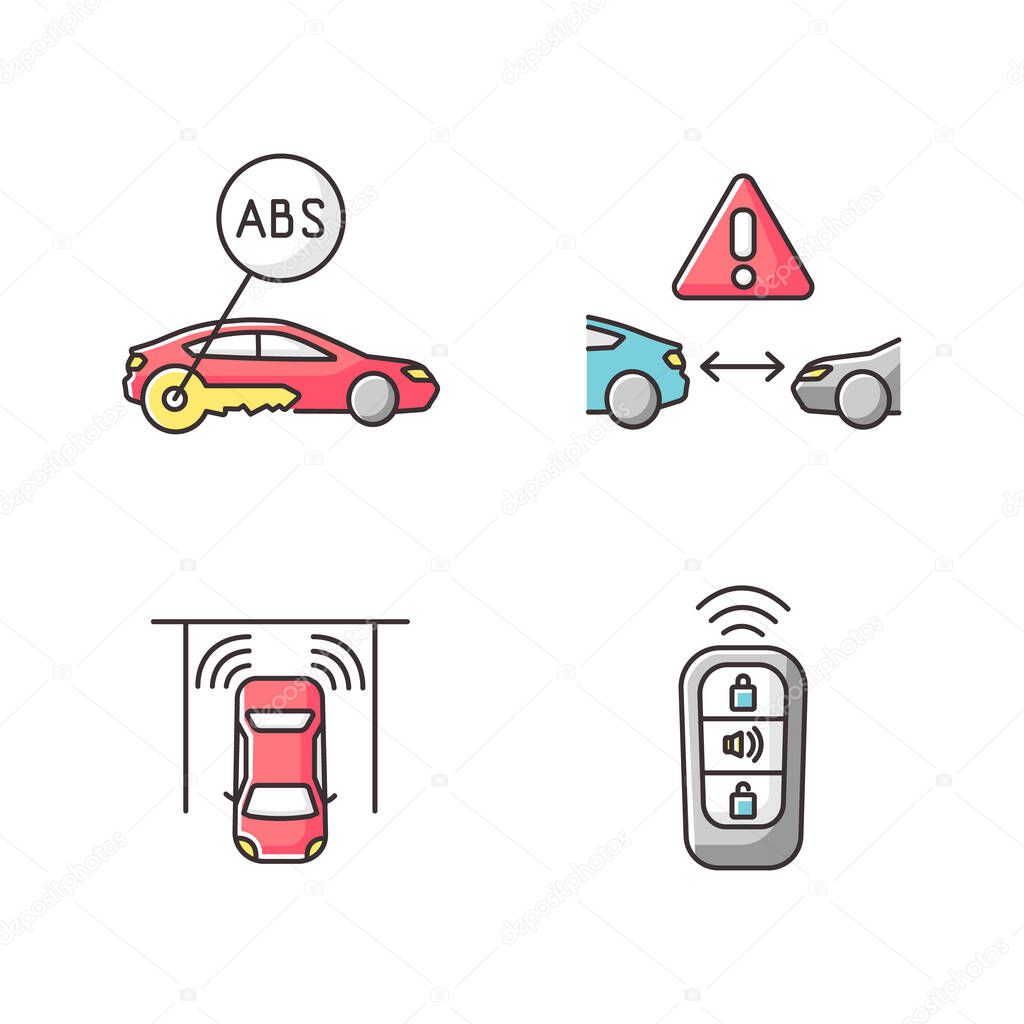 Smart driving safety systems RGB color icons set. Driver assistance. Anti lock system, cruise control, parking sensor, keyless entry. Isolated vector illustrations