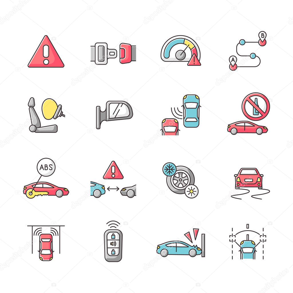 Driving safety RGB color icons set. Car accident prevention, traffic rules and regulation laws. Advice and tips for cautious drivers. Isolated vector illustrations
