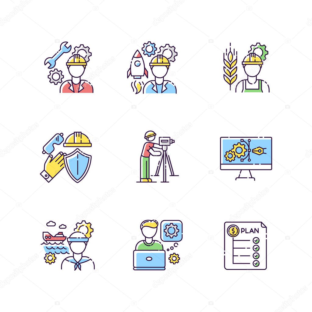 Industrial production worker RGB color icons set. Civil engineering. Expenditure plan. Manufacturing worker. Rocket builder. Technical maintenance specialist. Isolated illustrations