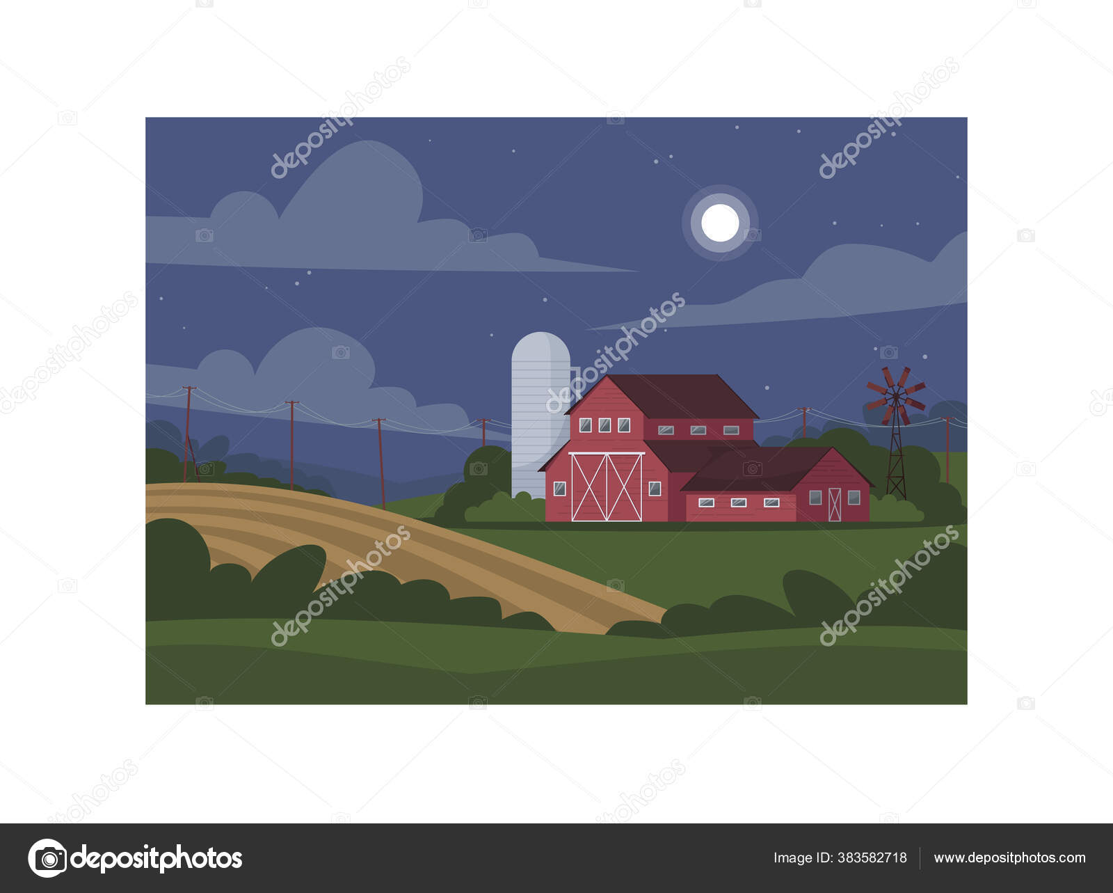Farmland Selama Malam Semi Datar Ilustrasi Produksi Lokal Dari Eco Stok Foto Bsd 383582718