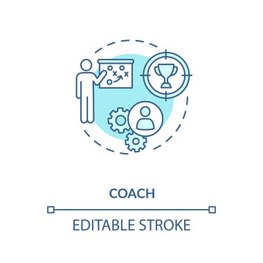 Koç konsept ikonu. Profesyonel akıl hocası, eğitim uzmanı ince çizgi çizimi. Profesyonel ve kişisel gelişim öğretmeni. izole edilmiş RGB renk çizimi. Düzenlenebilir vuruş